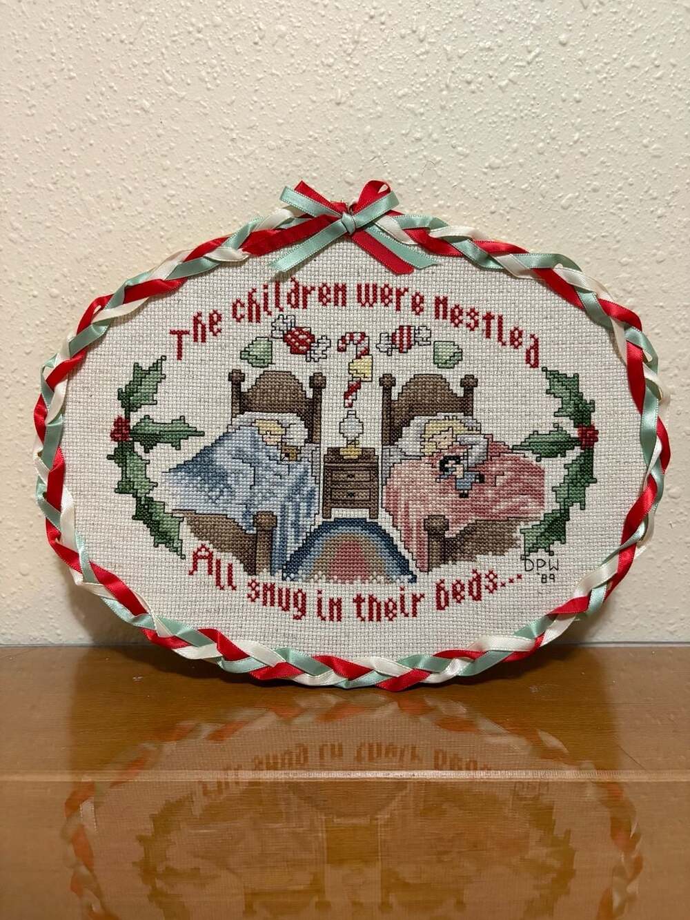 Vintage Handmade Cross Stitch Wall Hanging Twas The Night Before Christmas 1989
